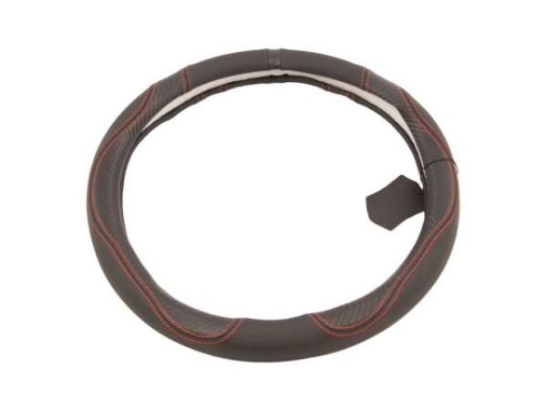 Δερμάτινο κάλυμμα τιμονιού 38 cm - Carbon - κόκκινες ραφές - 1 τμχ.