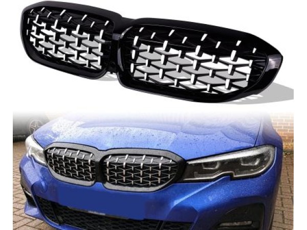 Μάσκα για BMW G20 (2018+) - γυαλιστερή Diamond Design - χρωμίου/μαύρη - 2τμχ.