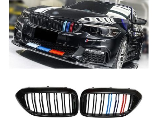 Καρδιές μάσκας για BMW F10 / F11 (2010+) με διπλή γρίλια - tri color - 2τμχ.